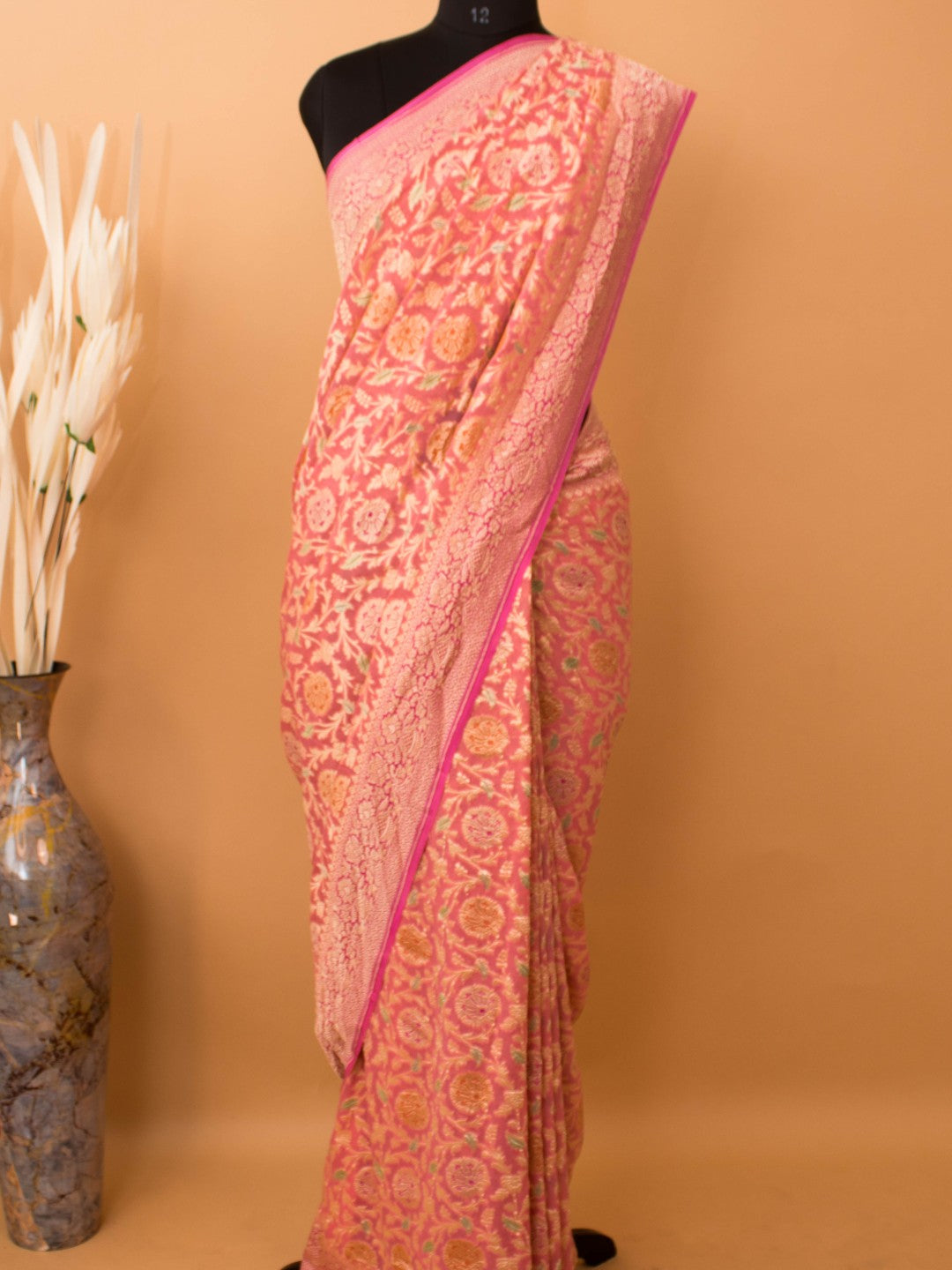 Pure Khaddi Georgette Jaal Meenakari Handbrush Saree - Pink