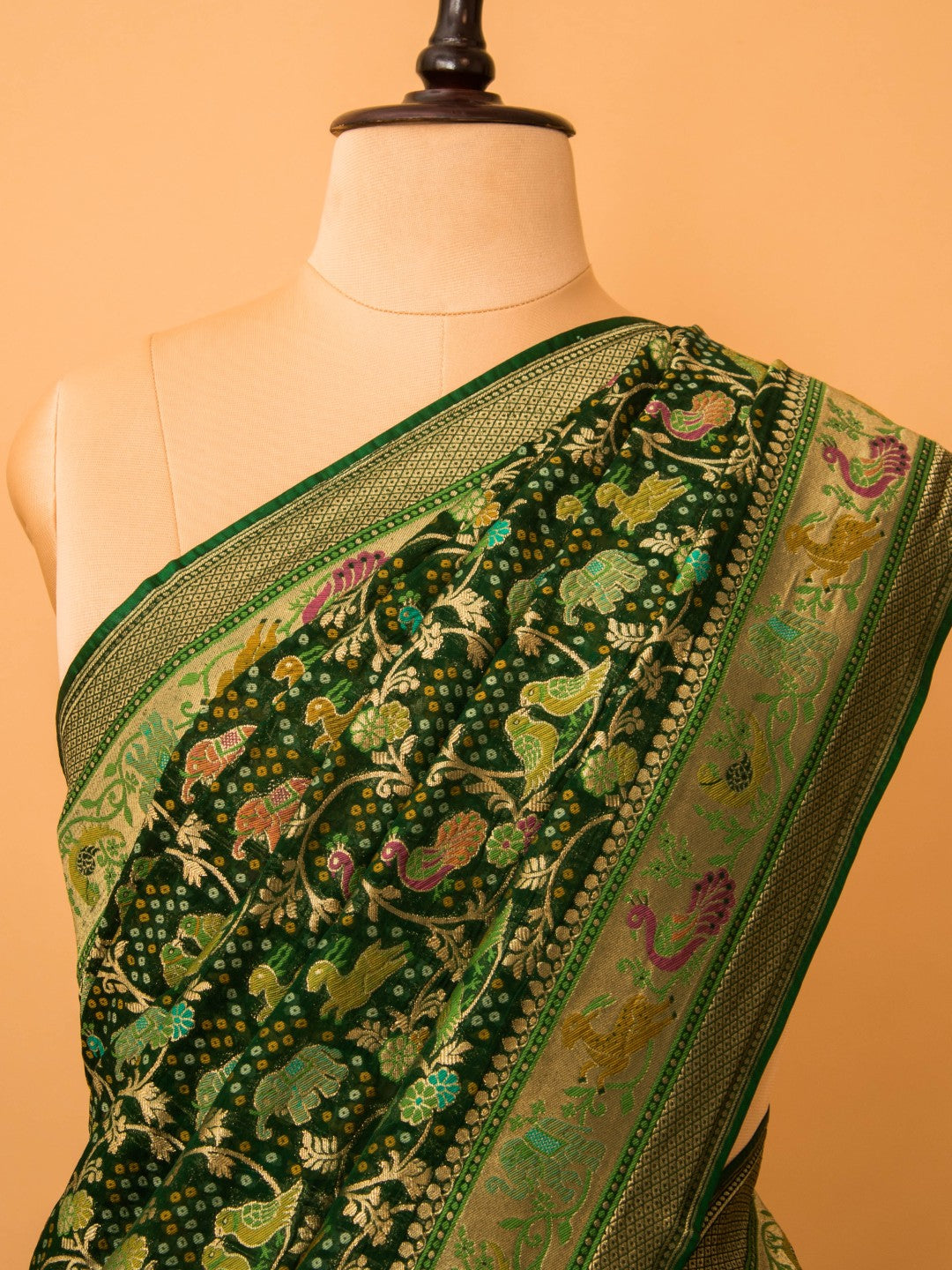 Khaddi Bandhej With Meenakari Shikargha Saree - Green