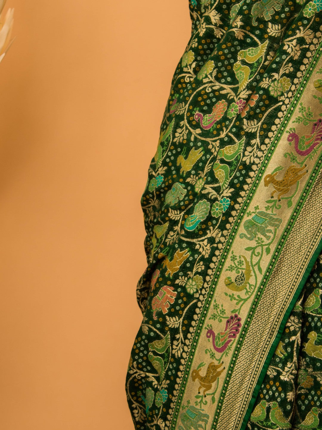 Khaddi Bandhej With Meenakari Shikargha Saree - Green