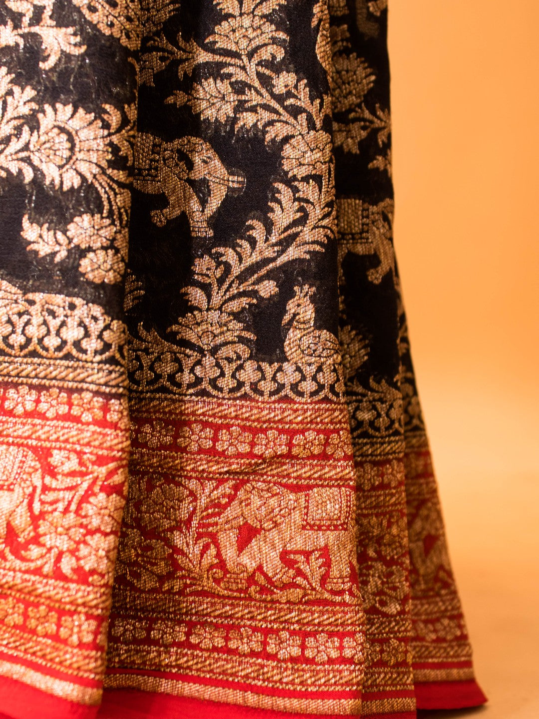 Classic Green Red Combination In Khaddi Banarasi Antique Zari Saree - Black