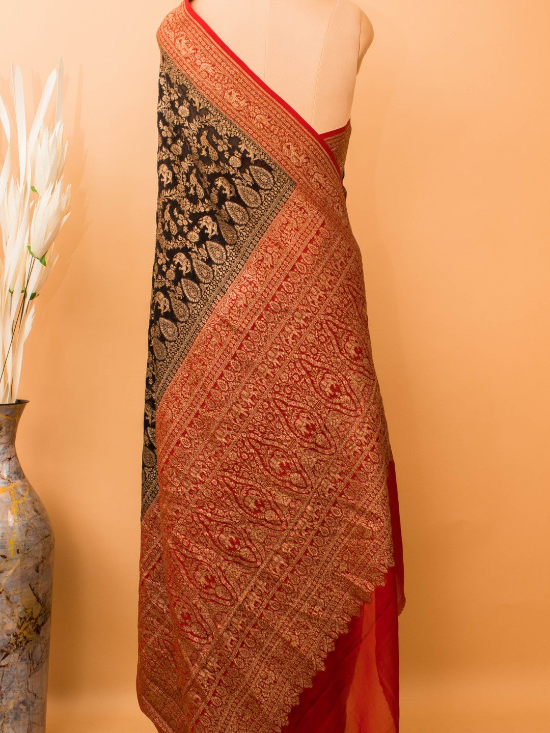 Classic Green Red Combination In Khaddi Banarasi Antique Zari Saree - Black