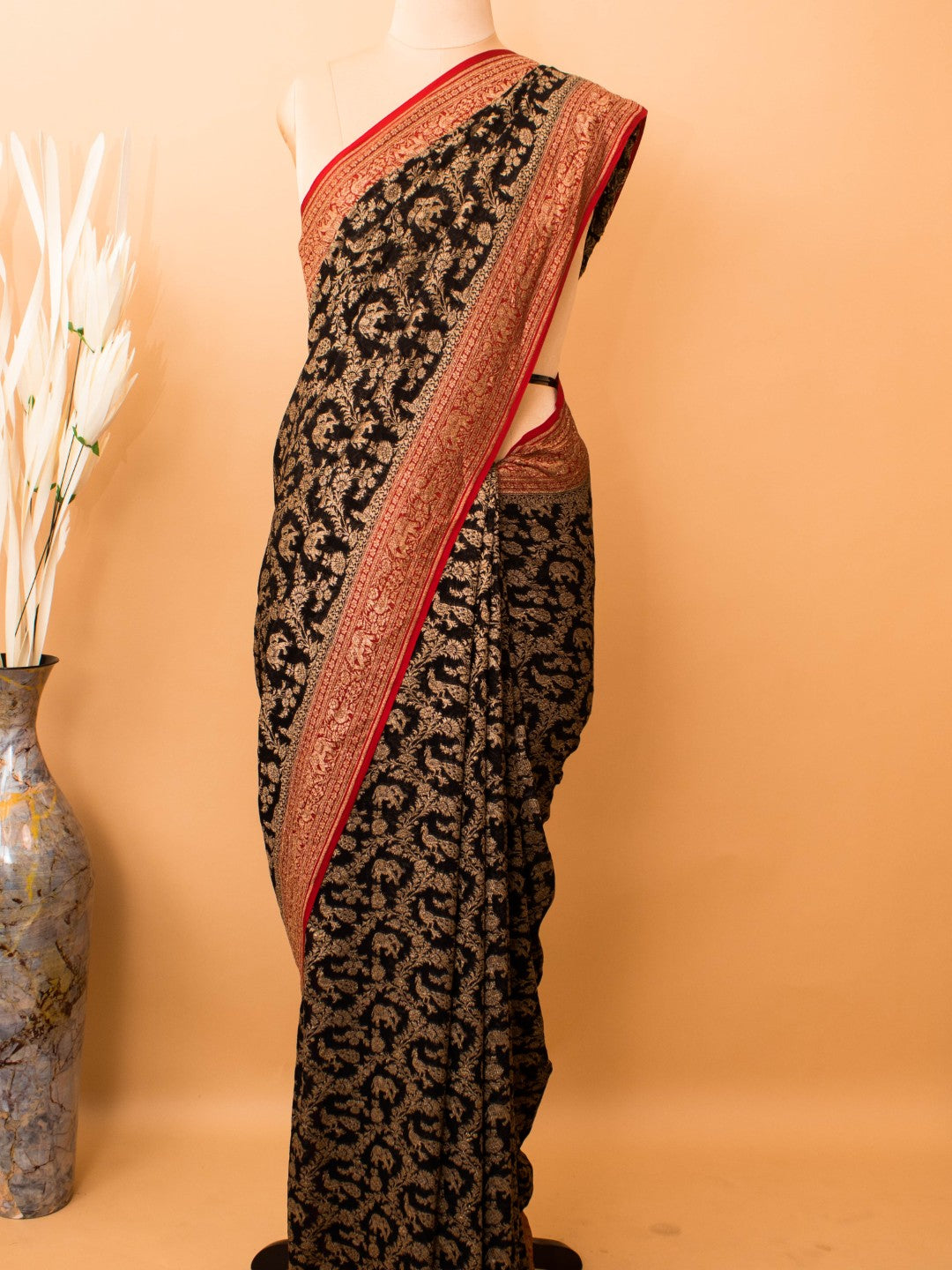 Classic Green Red Combination In Khaddi Banarasi Antique Zari Saree - Black