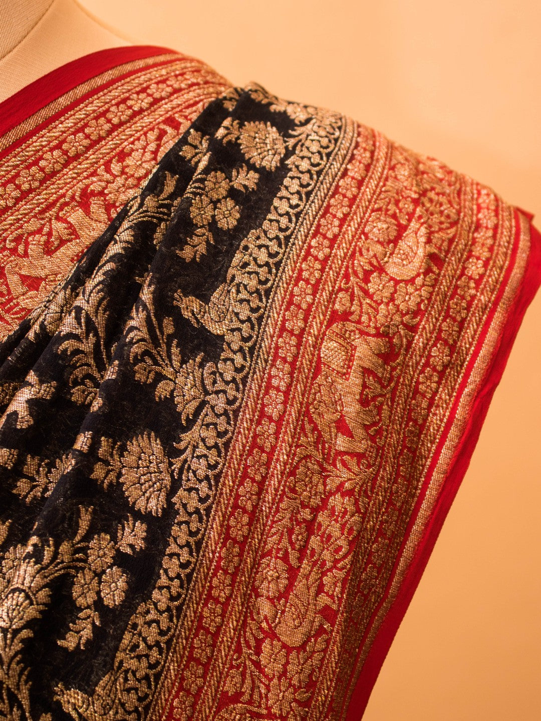 Classic Green Red Combination In Khaddi Banarasi Antique Zari Saree - Black
