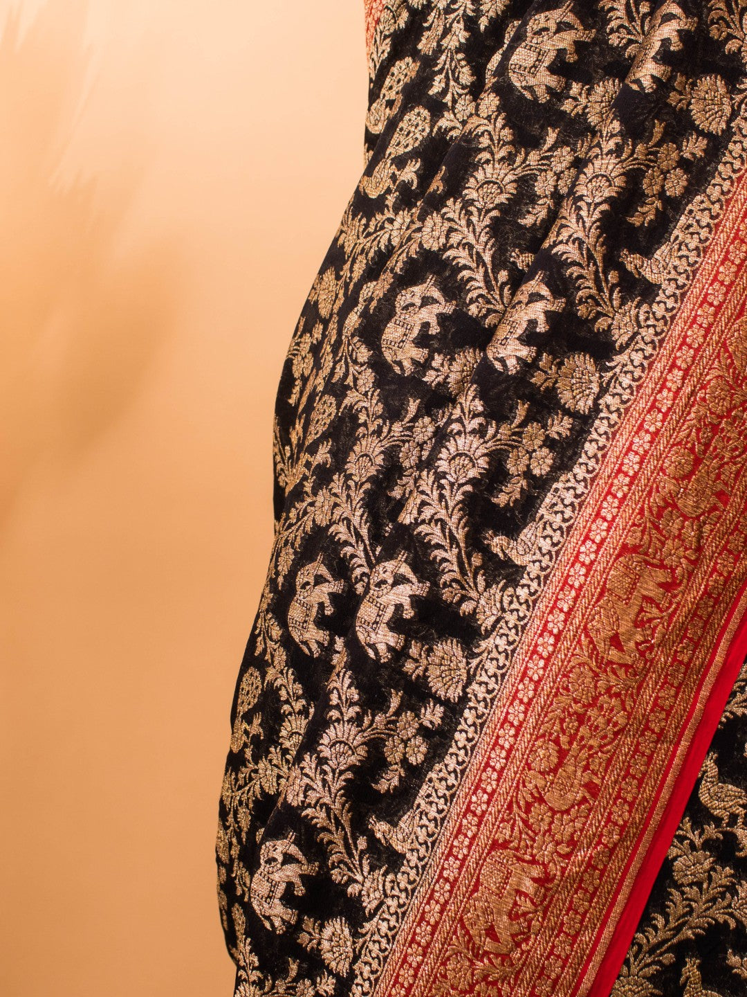 Classic Green Red Combination In Khaddi Banarasi Antique Zari Saree - Black
