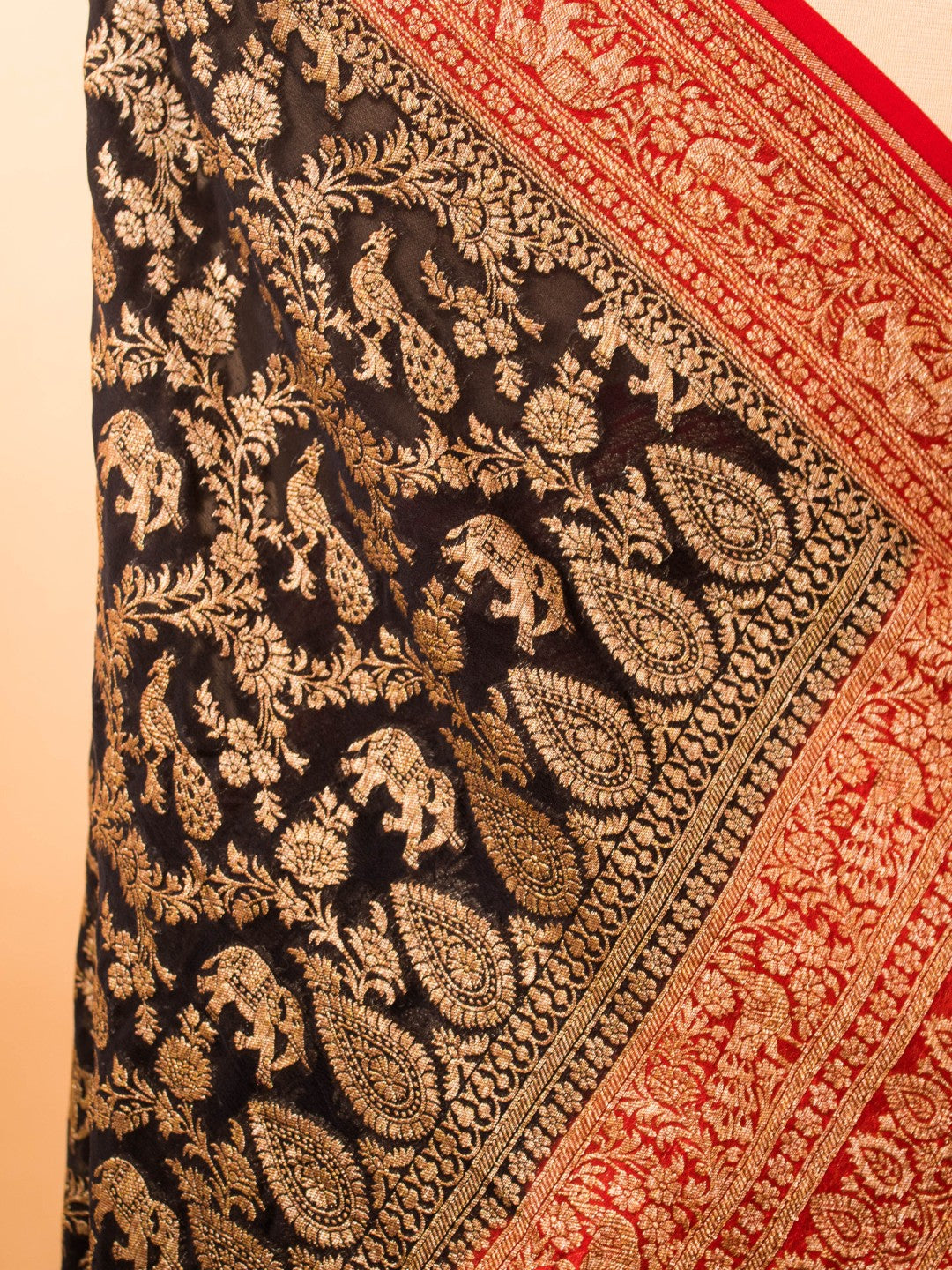 Classic Green Red Combination In Khaddi Banarasi Antique Zari Saree - Black