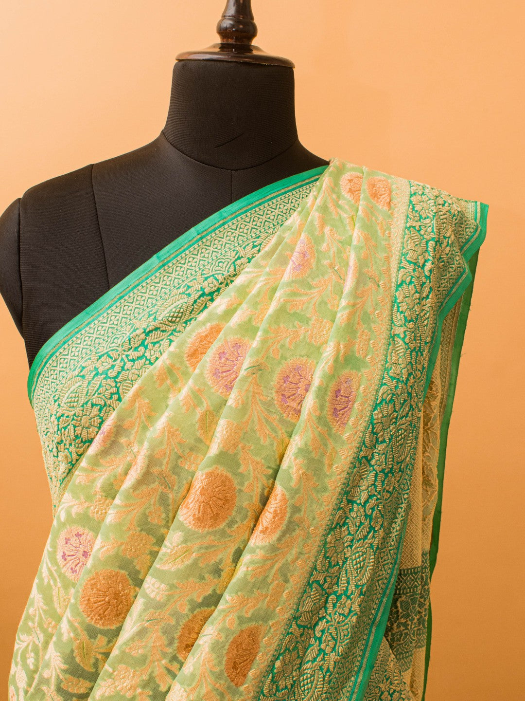 Pure Khaddi Georgette Jaal Meenakari Handbrush Saree - Green