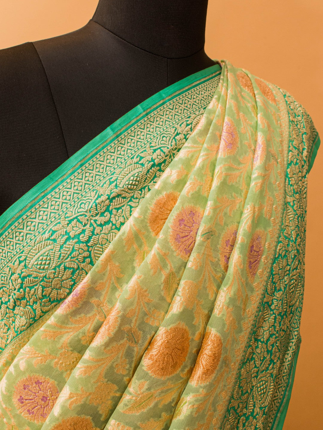 Pure Khaddi Georgette Jaal Meenakari Handbrush Saree - Green