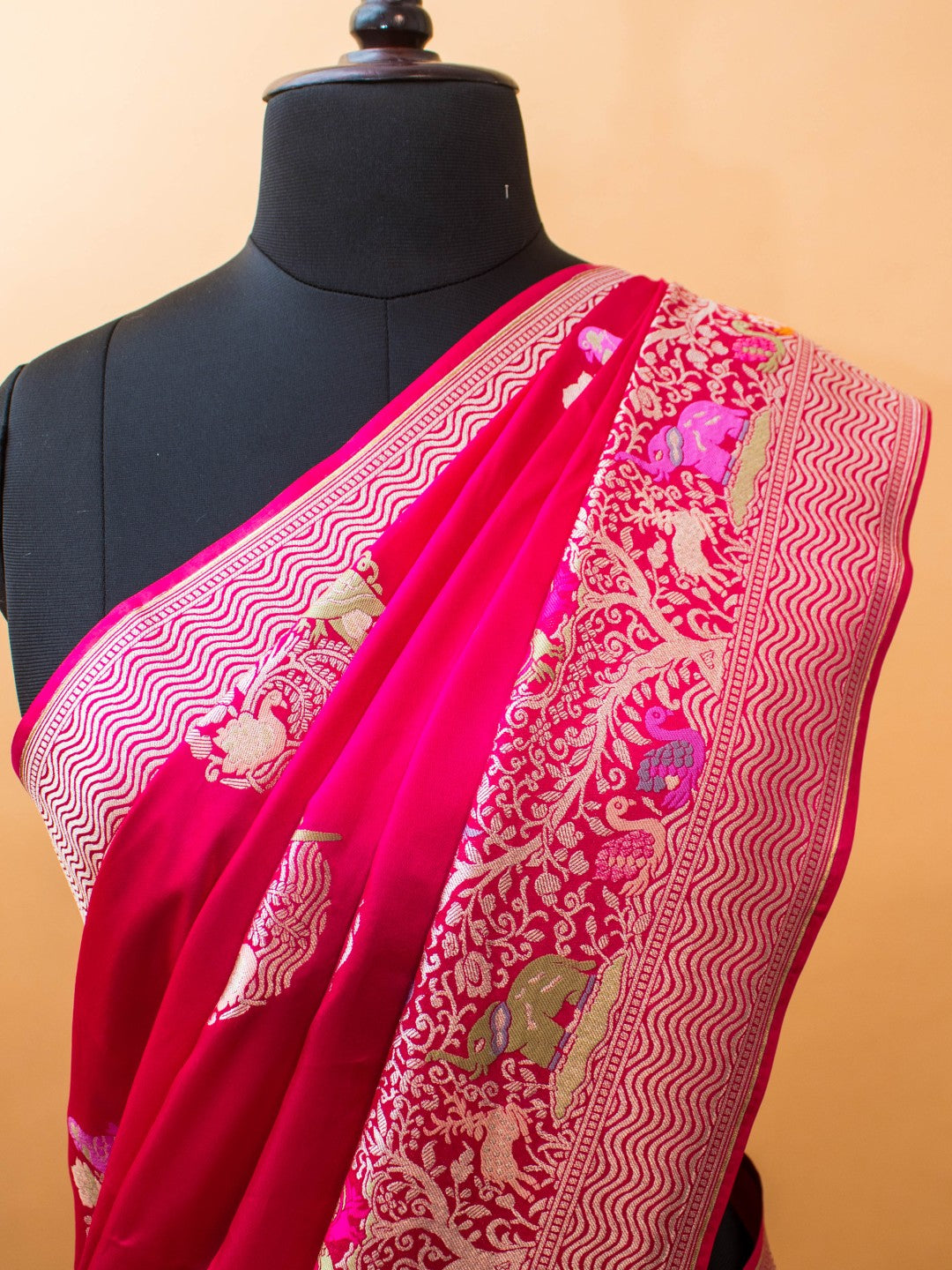 Mashru Silk Meenakari Jungle Theme Border - Pink