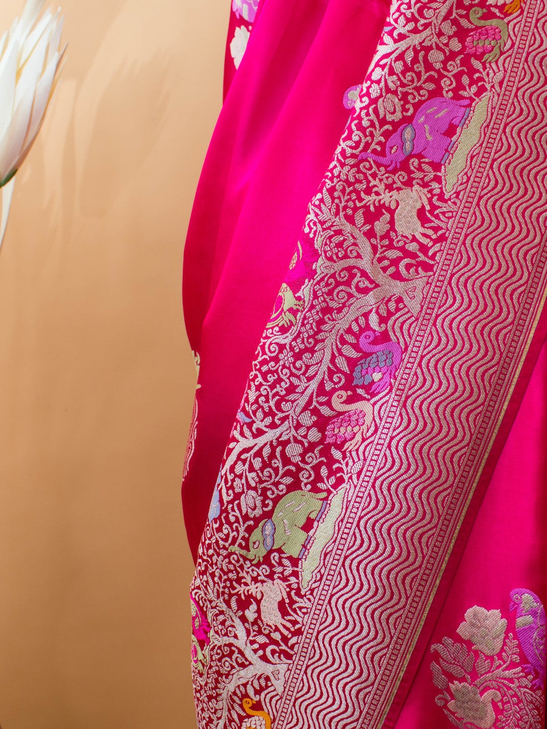 Mashru Silk Meenakari Jungle Theme Border - Pink
