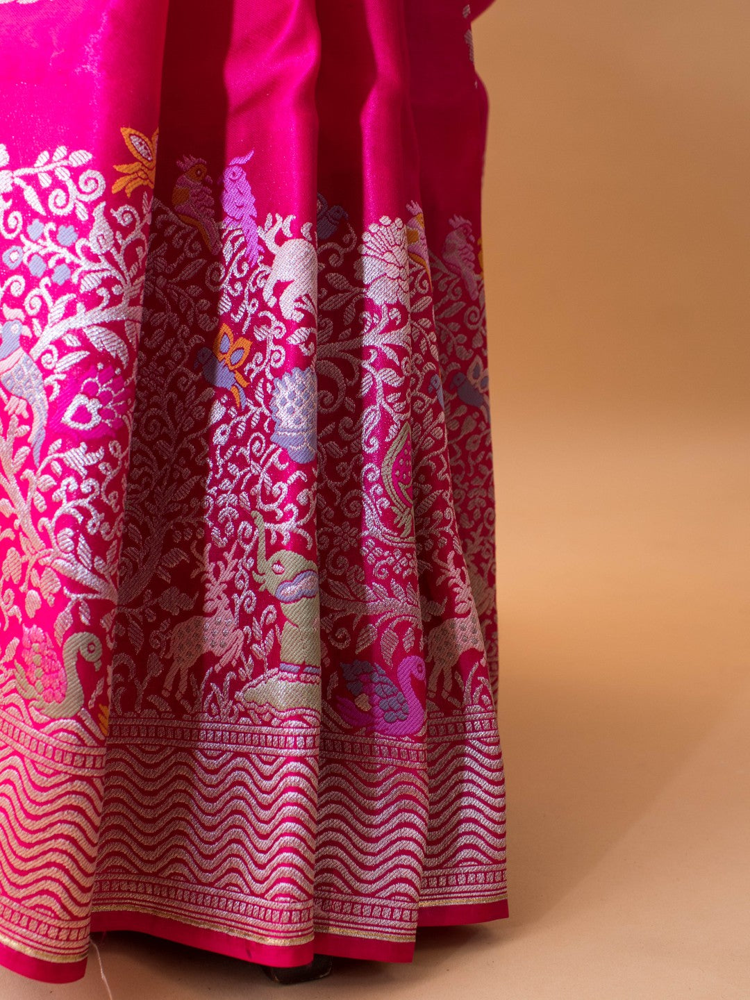 Mashru Silk Meenakari Jungle Theme Border - Pink