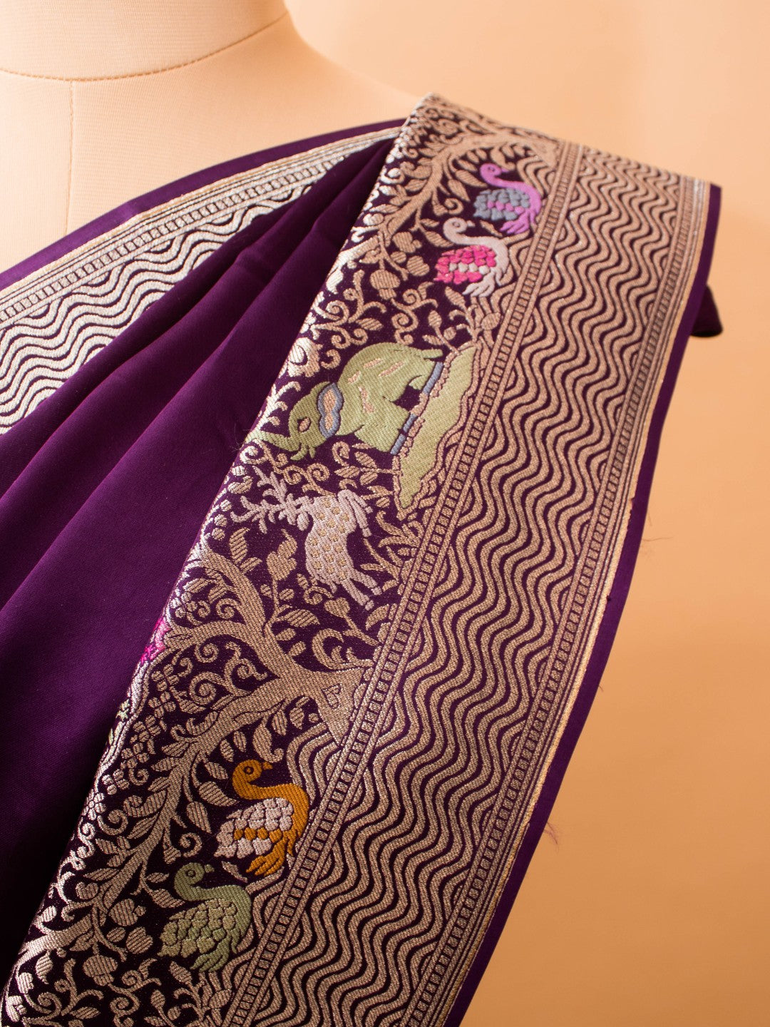 Mashru Silk Meenakari Jungle Theme Border - Purple
