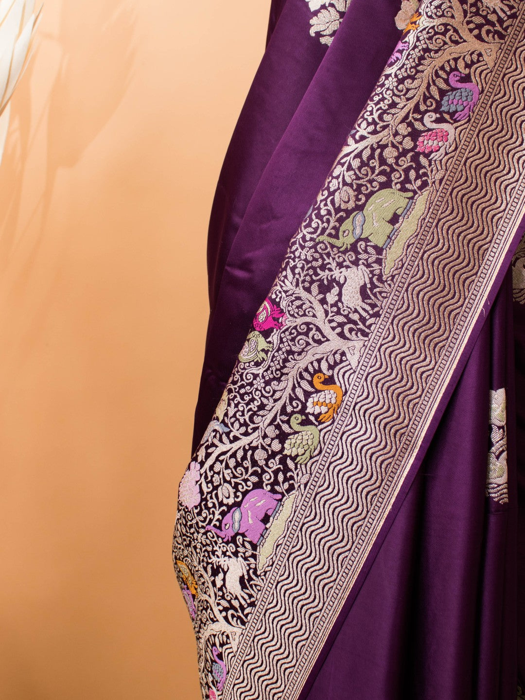 Mashru Silk Meenakari Jungle Theme Border - Purple
