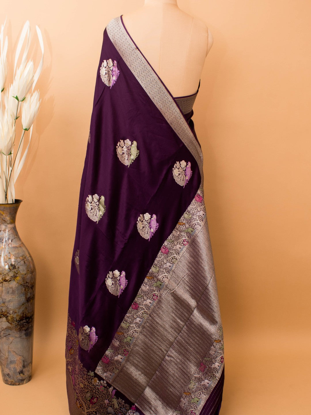 Mashru Silk Meenakari Jungle Theme Border - Purple