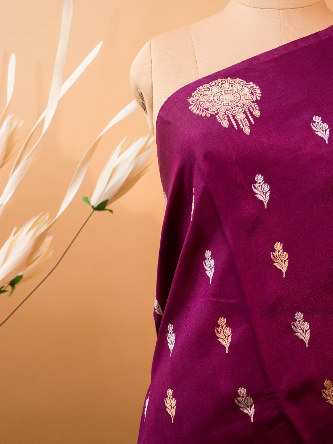 Pure Mashru Silk Gold N Silver Motifs In Border N Butti