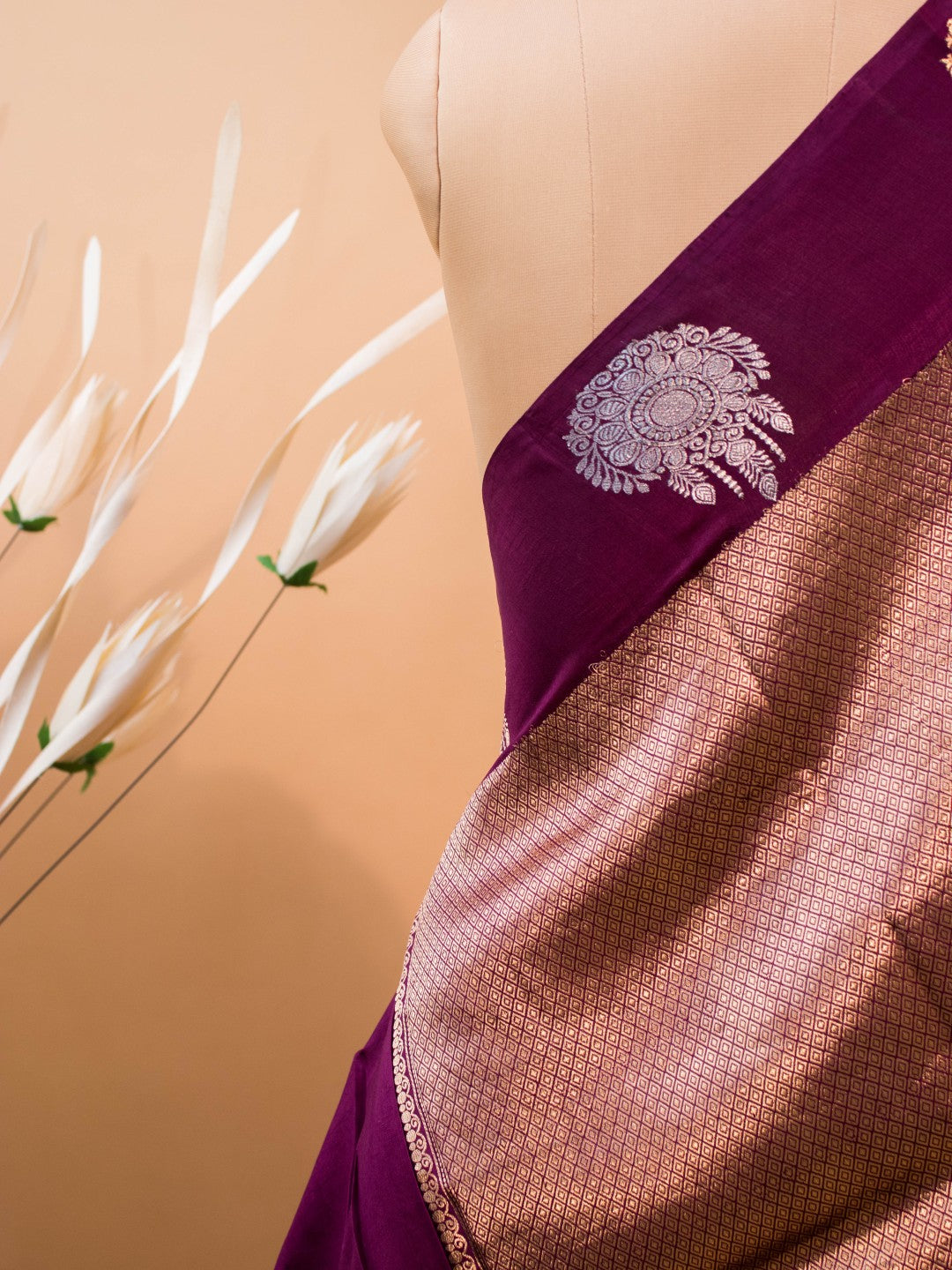 Pure Mashru Silk Gold N Silver Motifs In Border N Butti