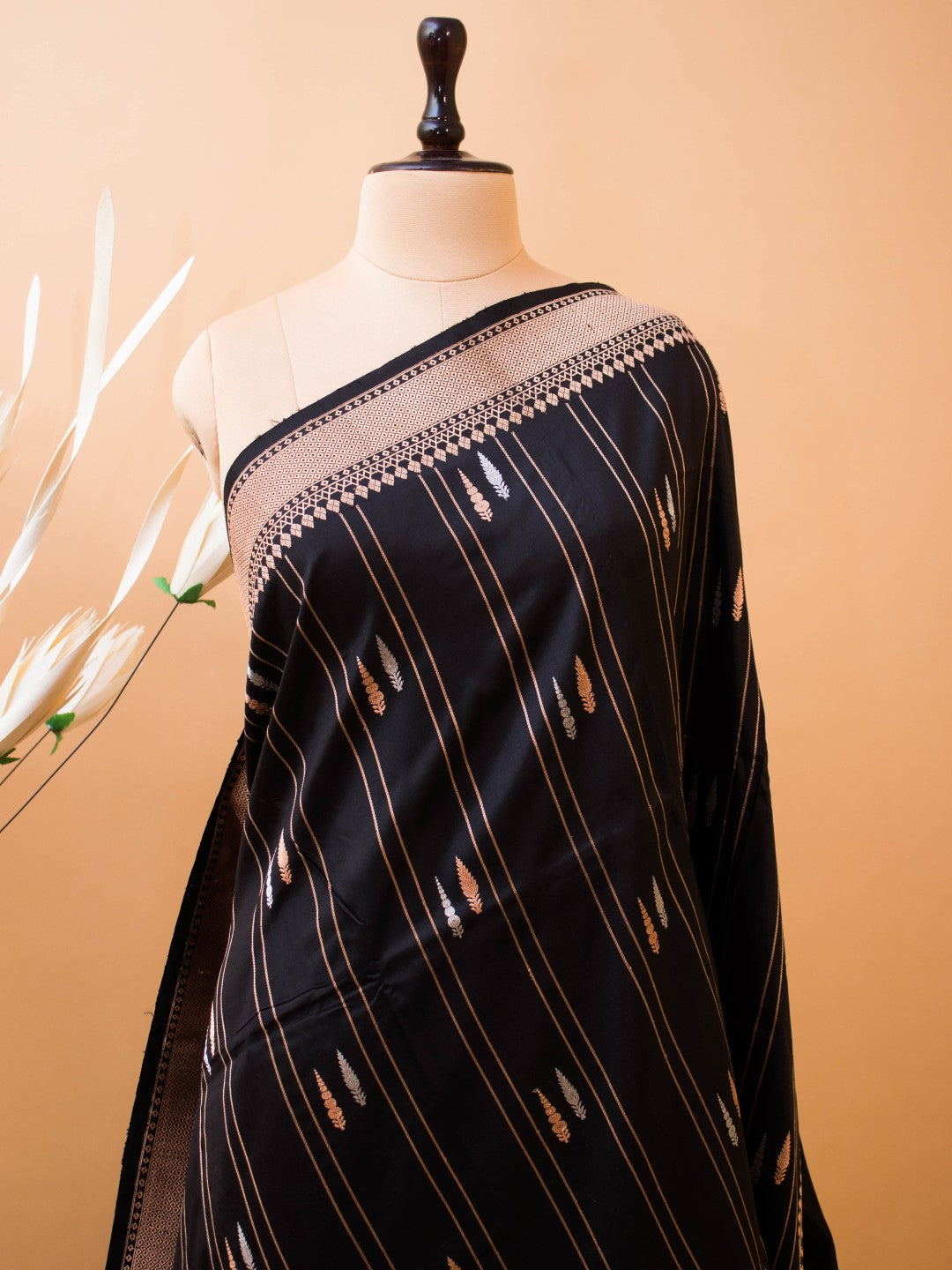 Pure Kataan Silk With Silver N Copper Zari On Black Color