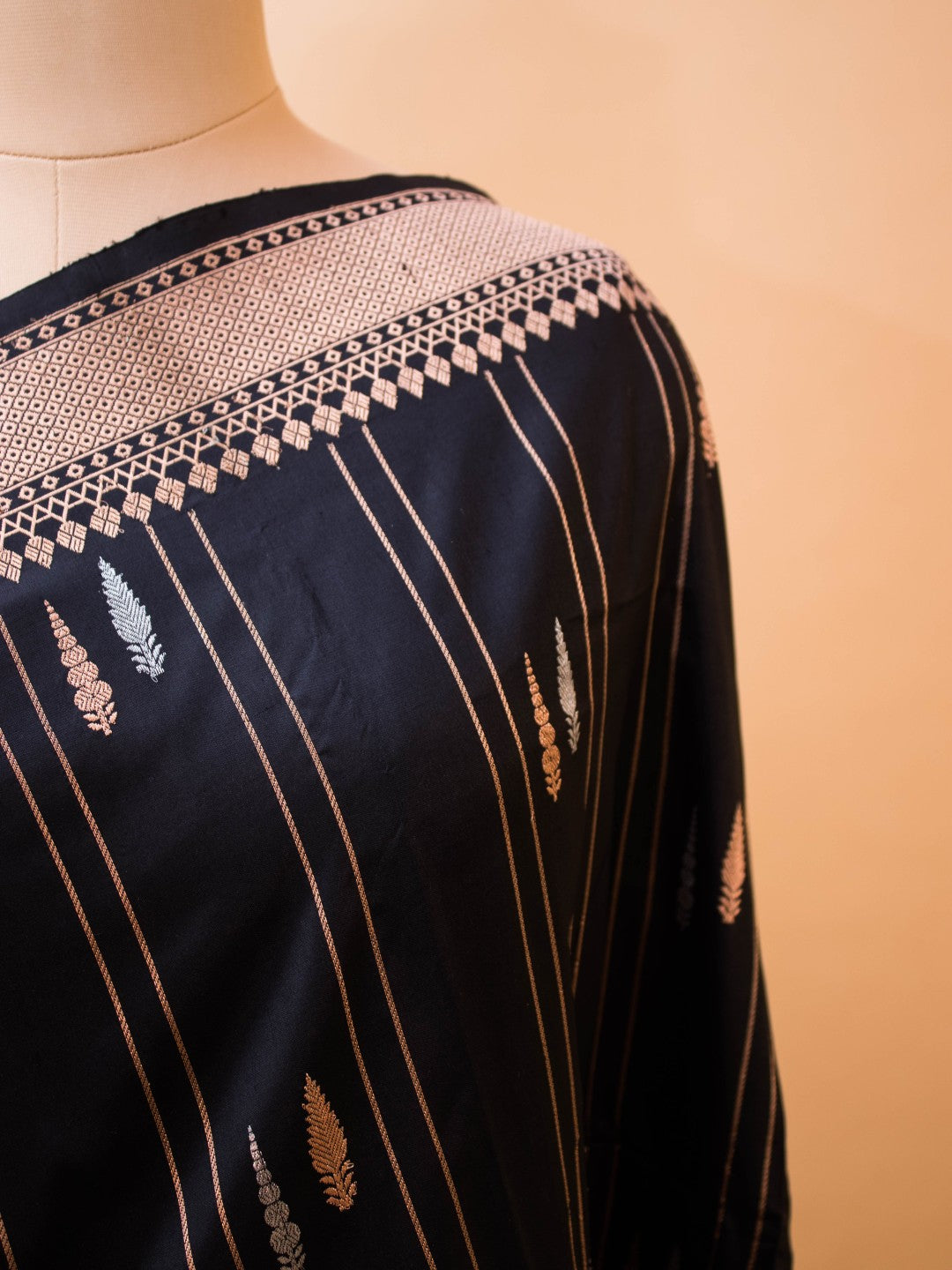 Pure Kataan Silk With Silver N Copper Zari On Black Color