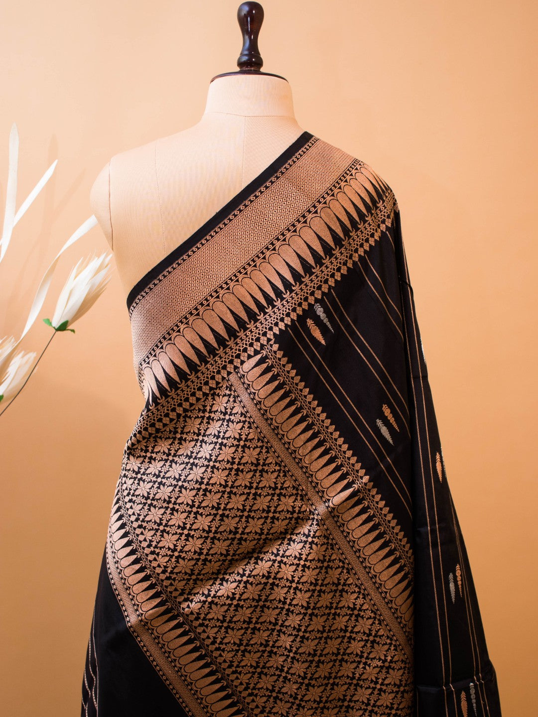 Pure Kataan Silk With Silver N Copper Zari On Black Color