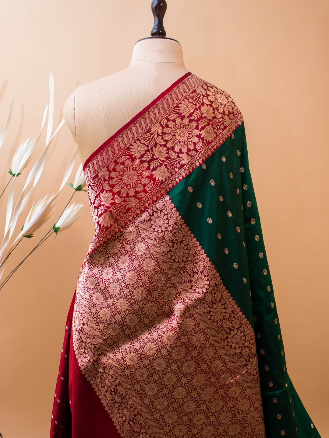 Pure Kataan Silk In a Traditional Green Red Combination