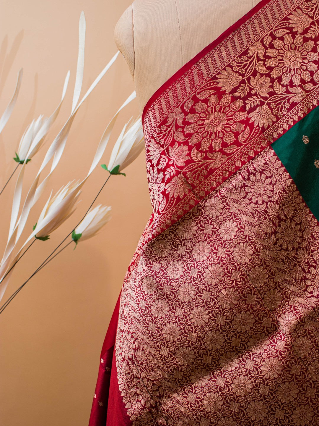 Pure Kataan Silk In a Traditional Green Red Combination