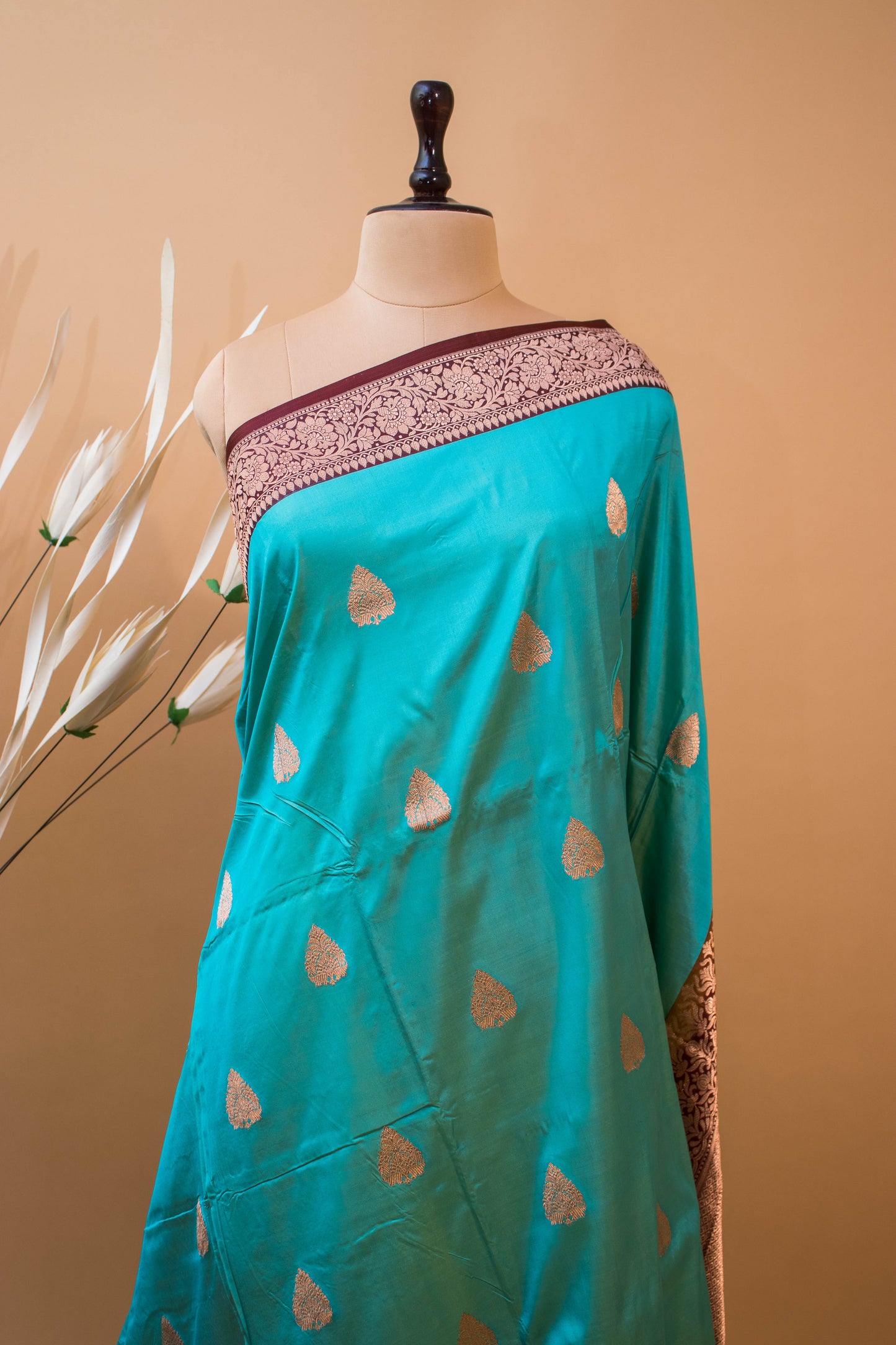 Traditional Pure Kataan Silk With Rangkaat Border Butti - Blue