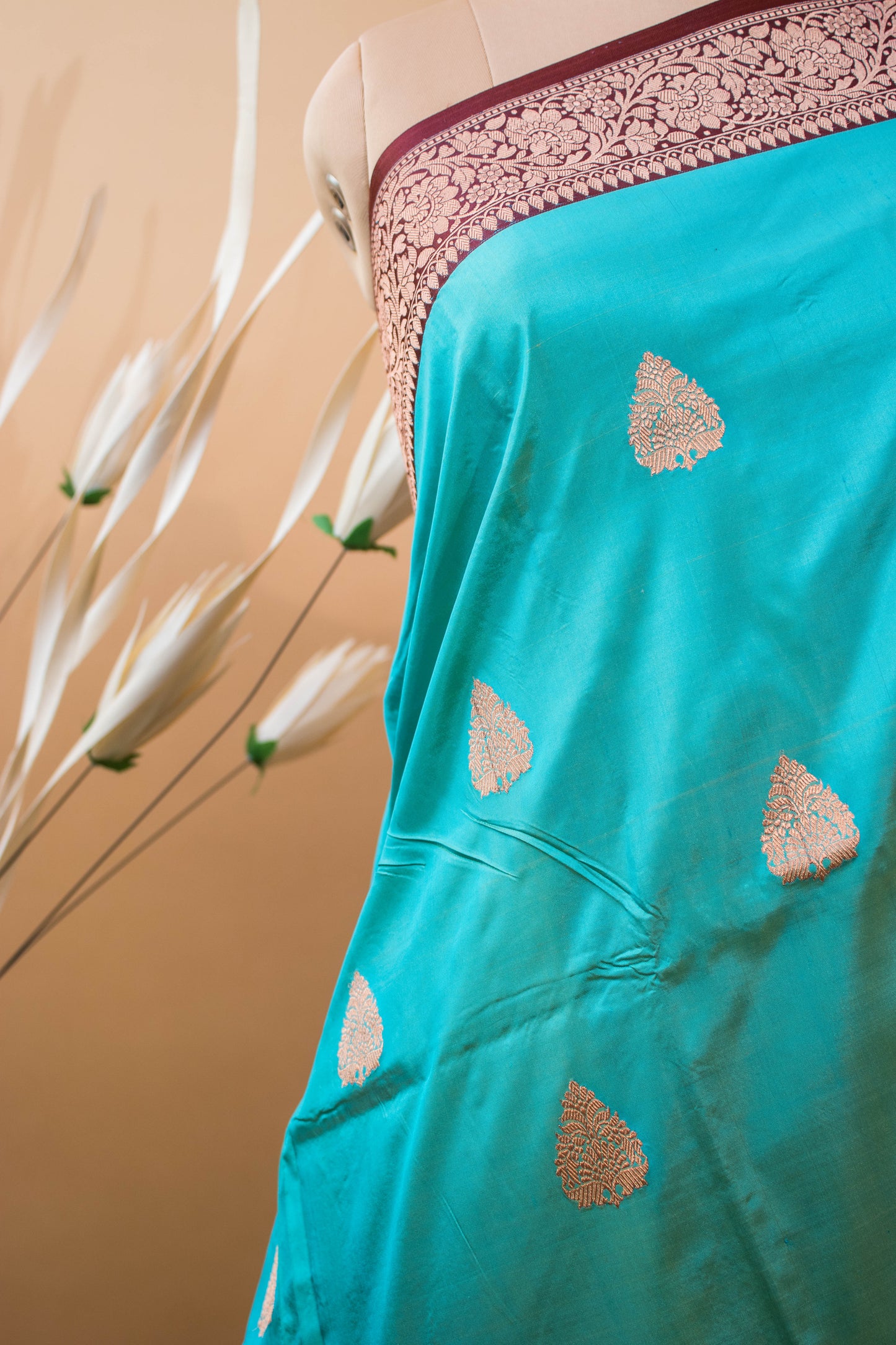 Traditional Pure Kataan Silk With Rangkaat Border Butti - Blue