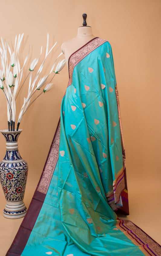 Traditional Pure Kataan Silk With Rangkaat Border Butti - Blue
