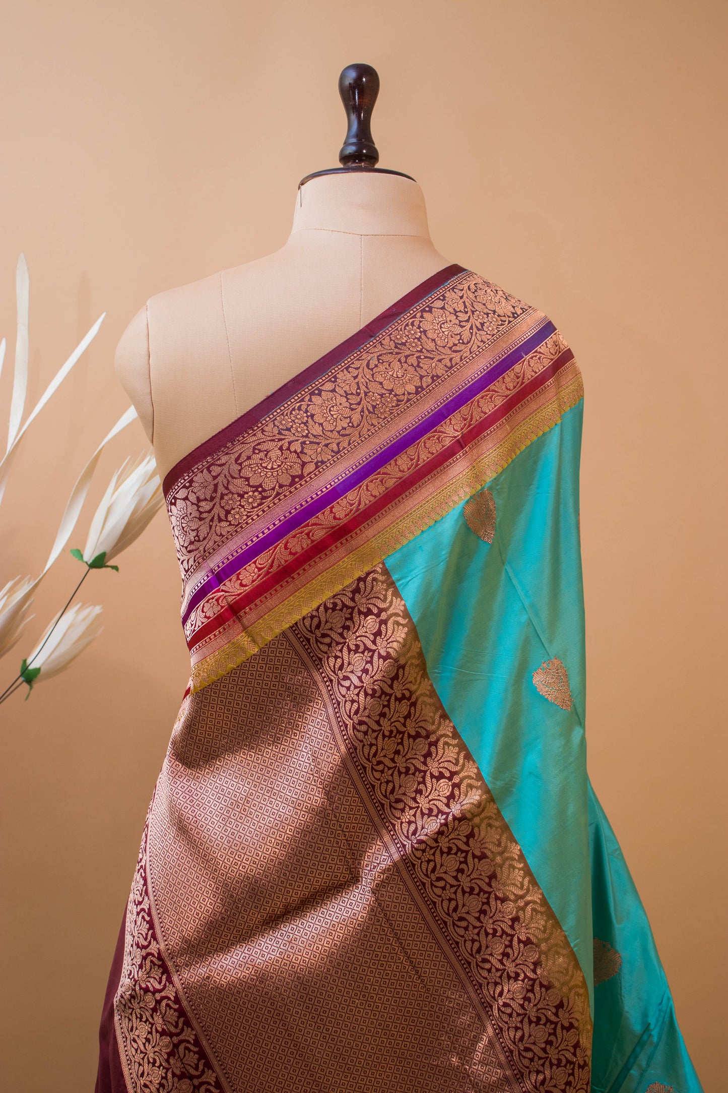 Traditional Pure Kataan Silk With Rangkaat Border Butti - Blue