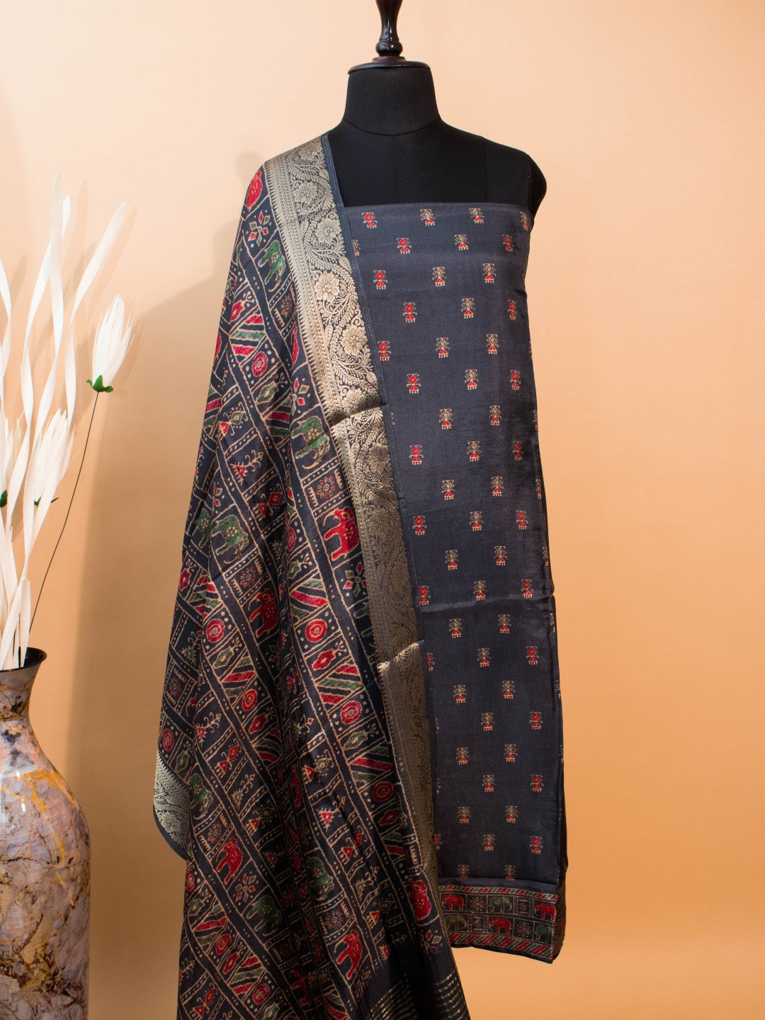 Pure Silk Hand Block Printed Style Unstitched Suit