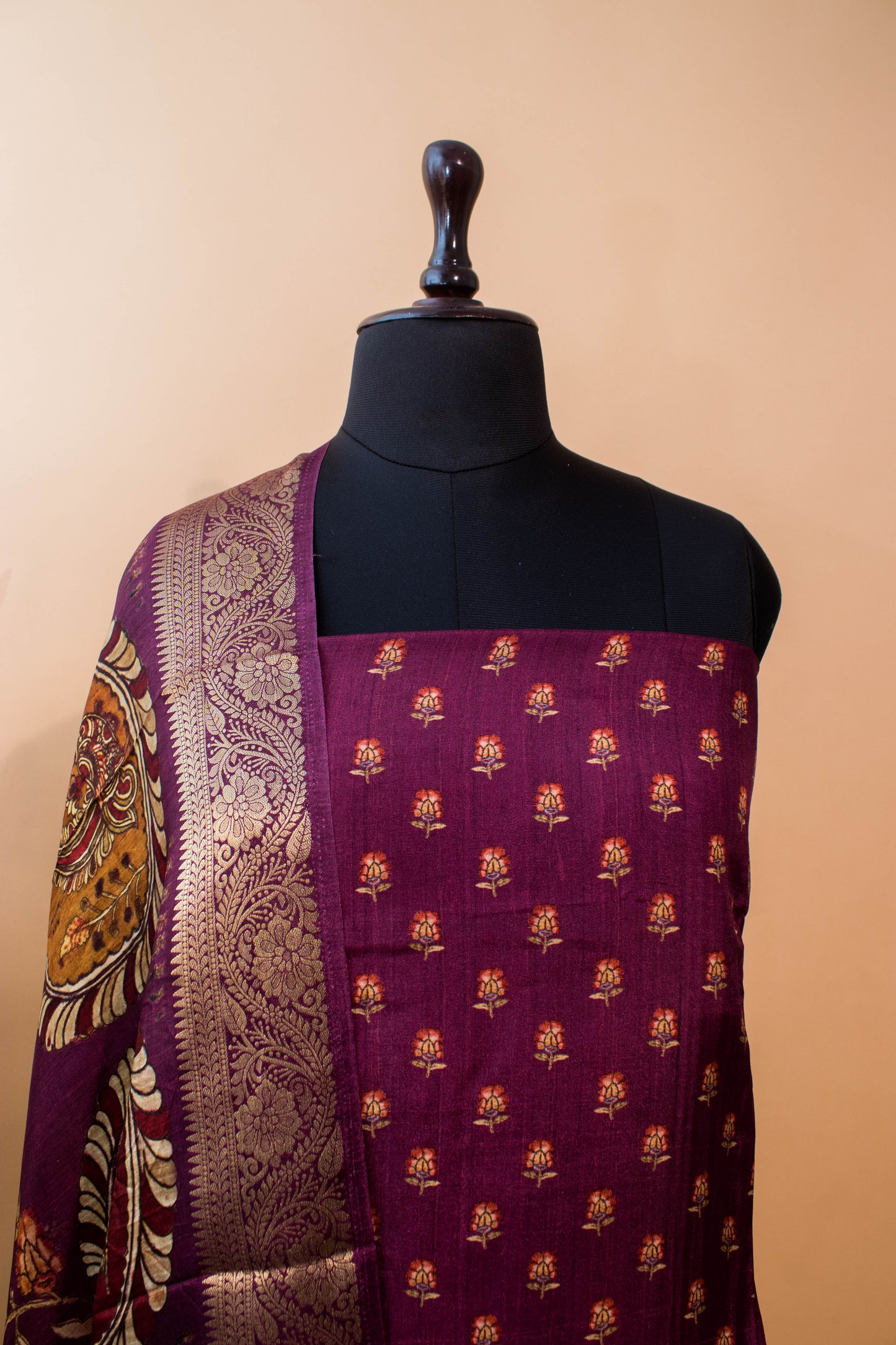 Pure Silk Kalamkari Printed Style Suits - Wine