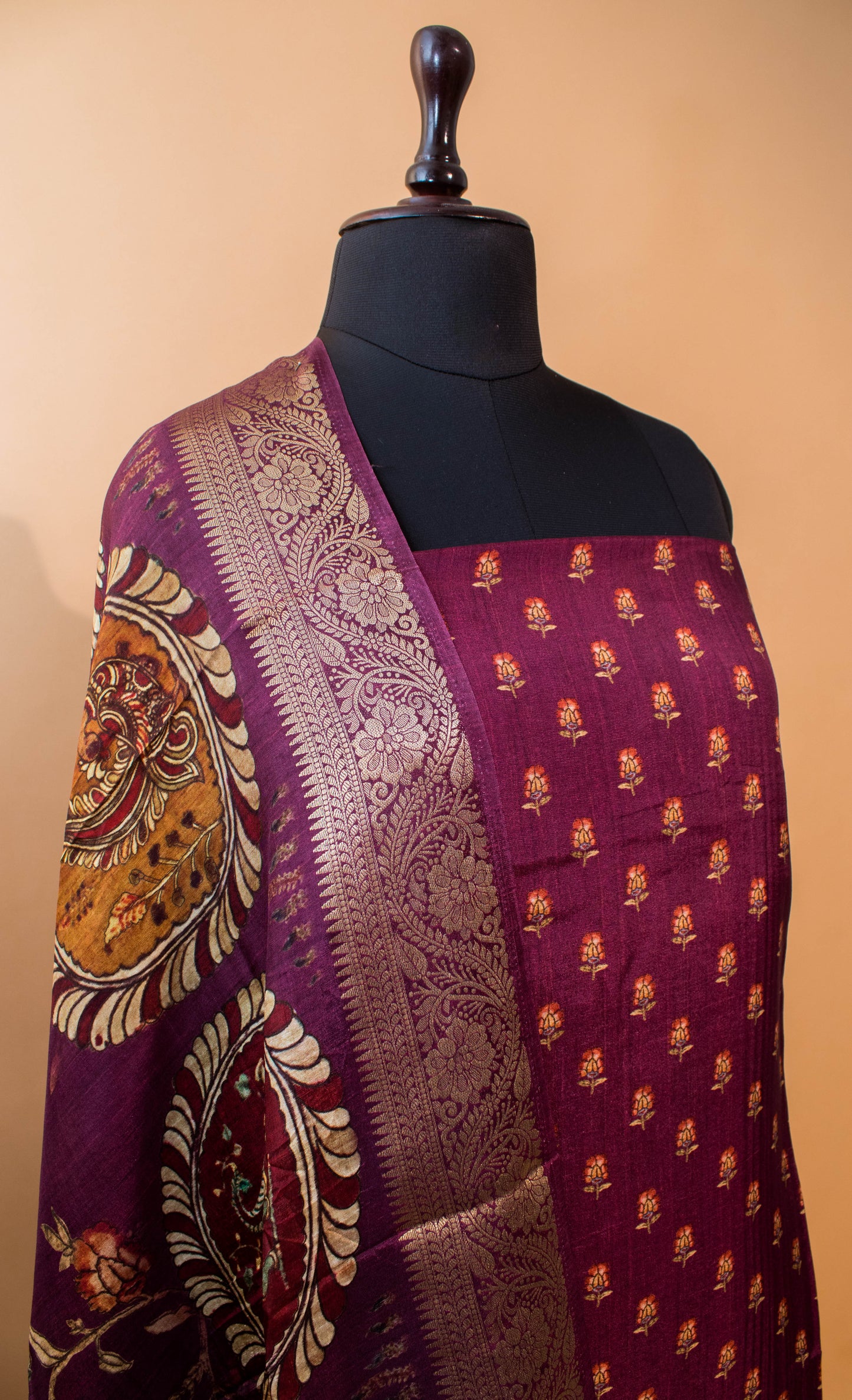 Pure Silk Kalamkari Printed Style Suits - Wine