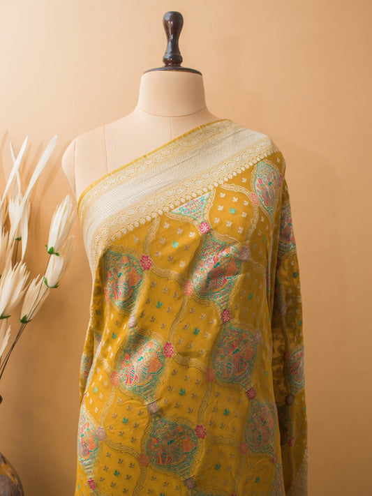 Khaddi Bandhej With Meenakari Weaving - Yellow