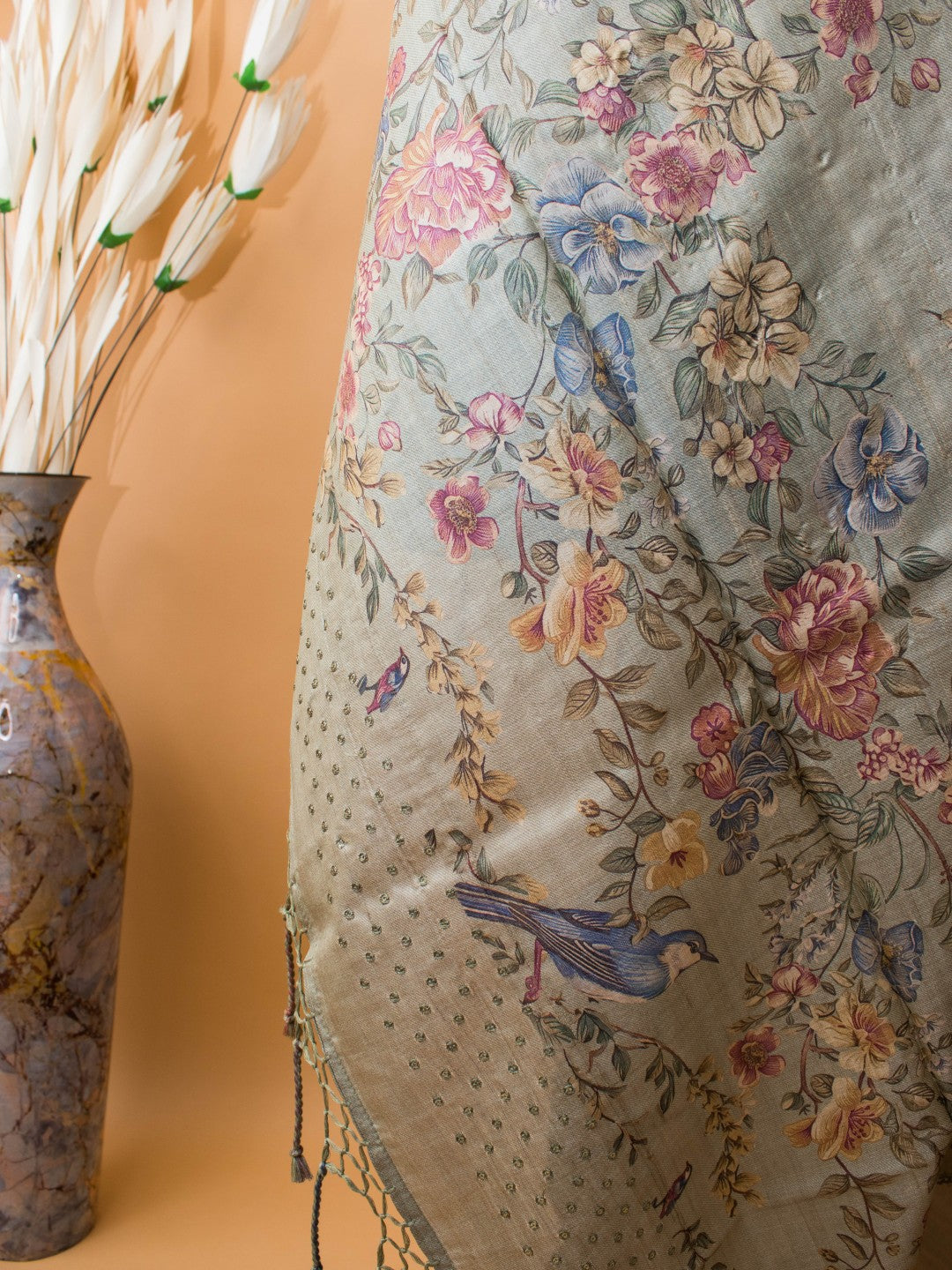 Pure Tussar Silk Printed In Sober N Elegant Taste -grey