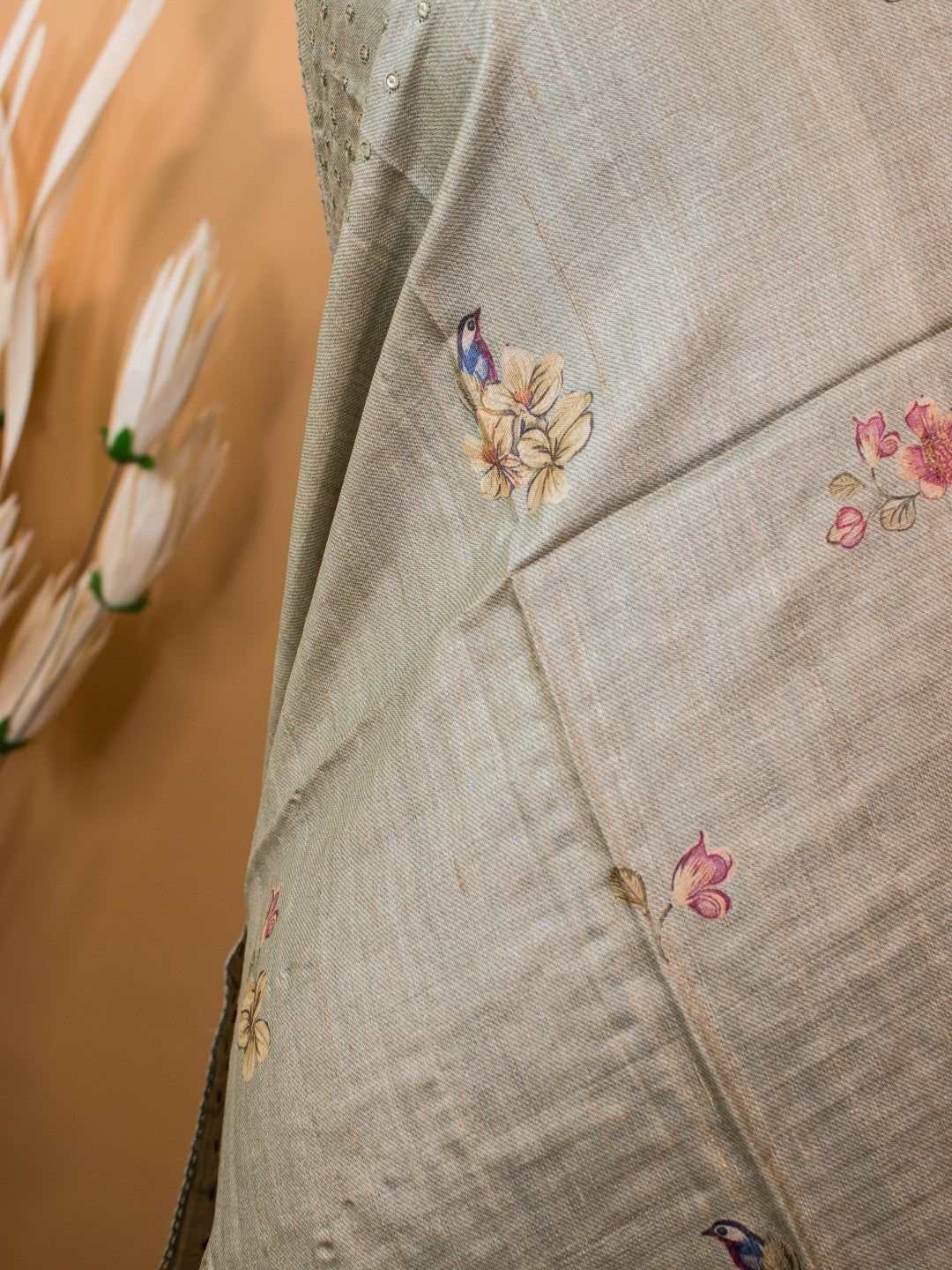Pure Tussar Silk Printed In Sober N Elegant Taste -grey