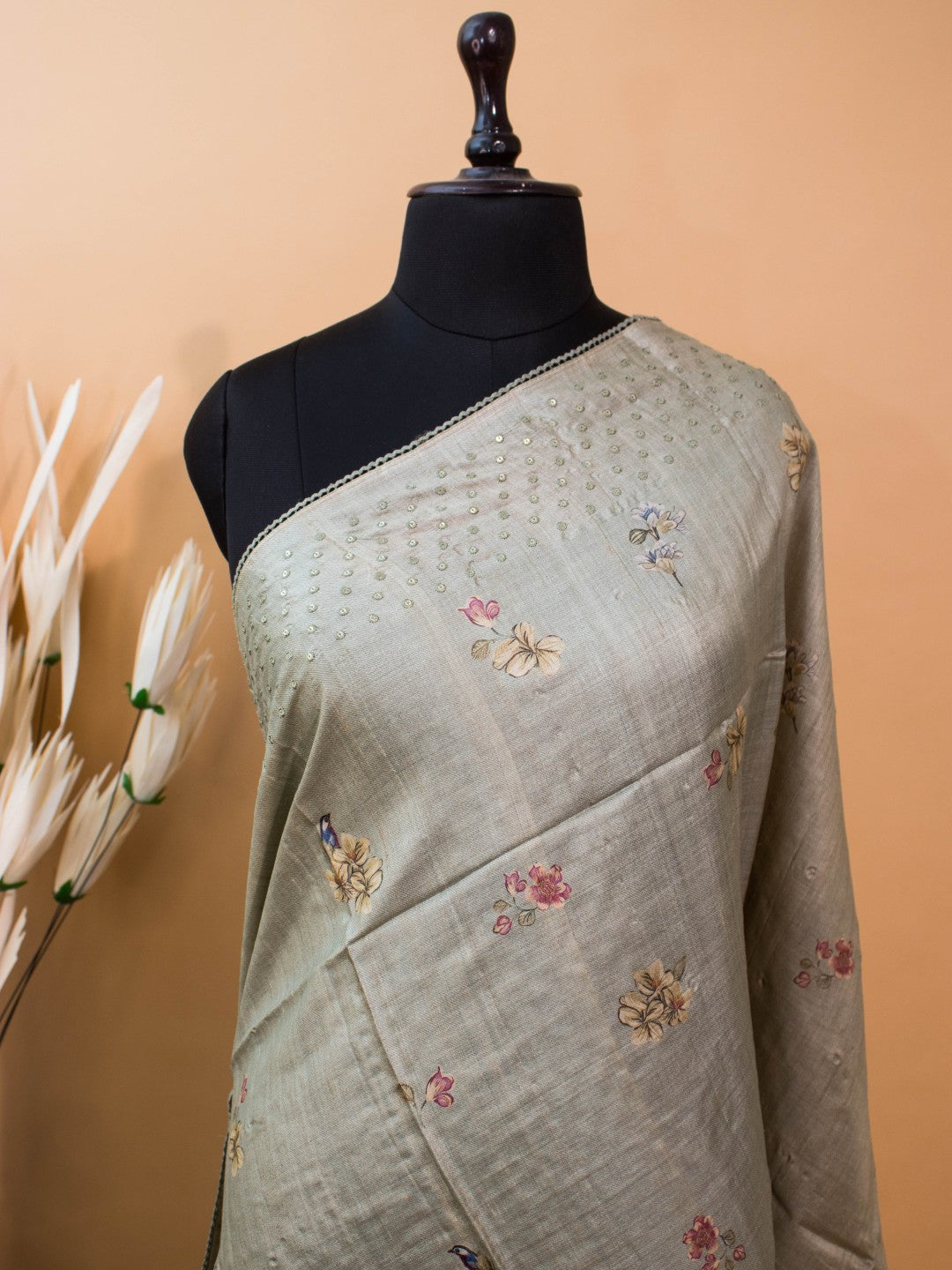 Pure Tussar Silk Printed In Sober N Elegant Taste -grey
