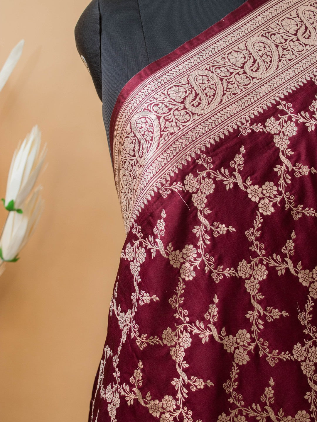 Upaada Jaal Weaving In Mashru Silk- Maroon