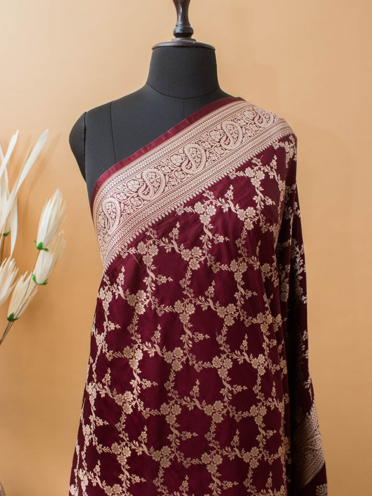 Upaada Jaal Weaving In Mashru Silk- Maroon