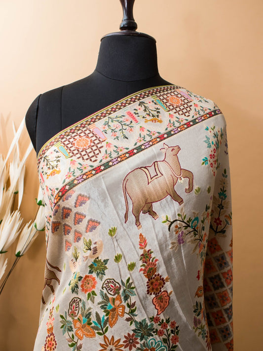 Meenakari Pichwai Weaving In Munga Silk -whte