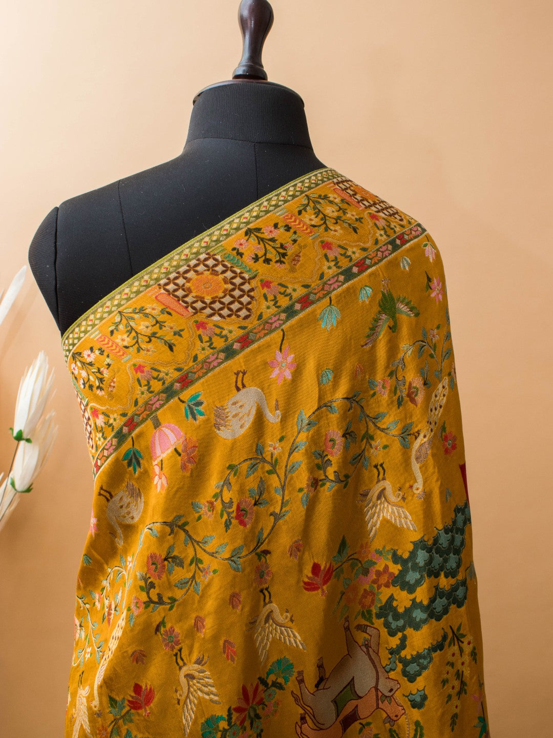 Meenakari Pichwai Weaving In Munga Silk - Yellow