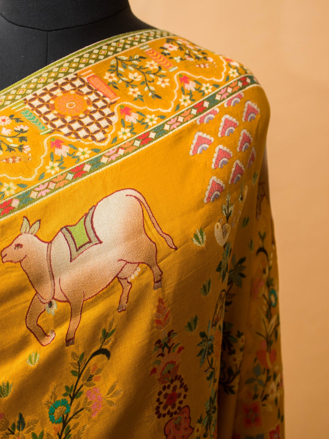 Meenakari Pichwai Weaving In Munga Silk - Yellow