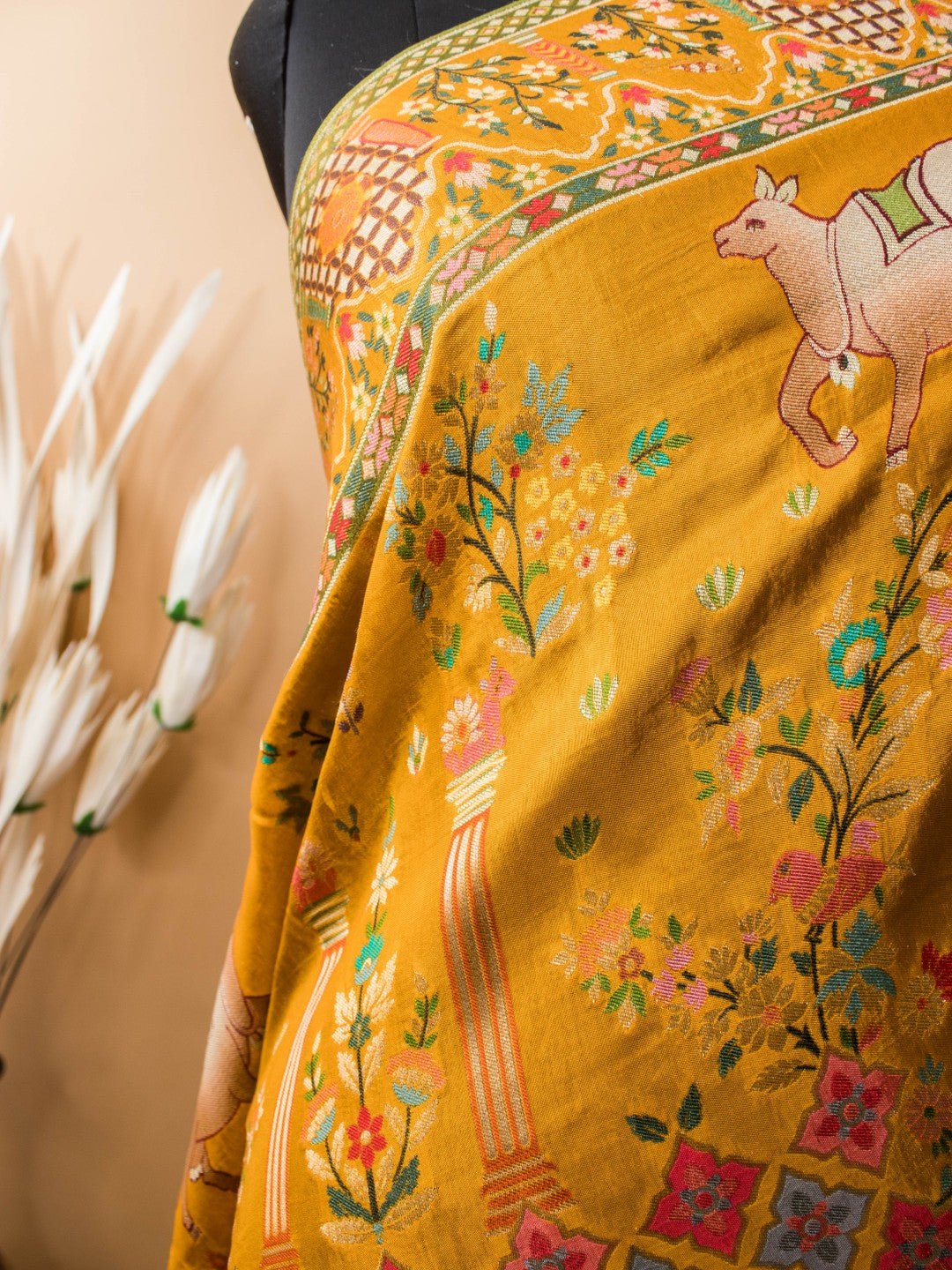 Meenakari Pichwai Weaving In Munga Silk - Yellow