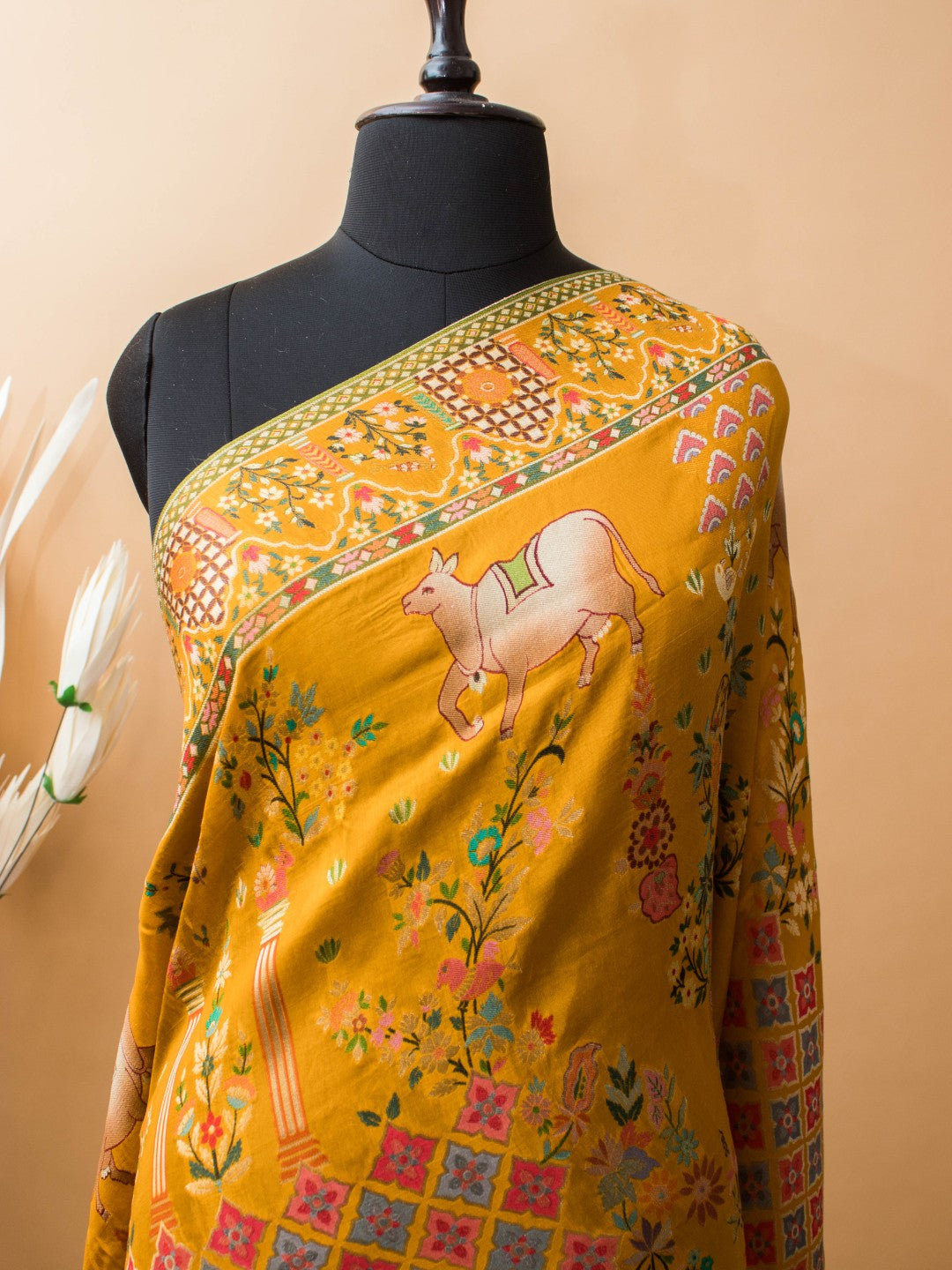 Meenakari Pichwai Weaving In Munga Silk - Yellow