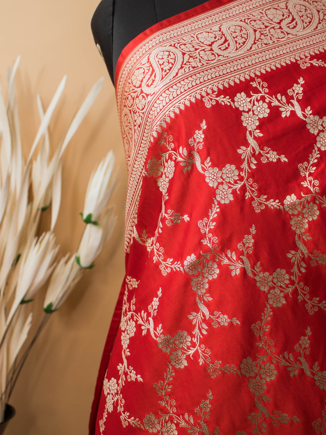 Upaada Jaal Weaving In Mashru Silk- Red