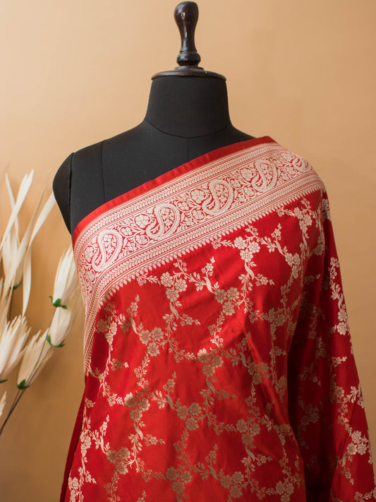 Upaada Jaal Weaving In Mashru Silk- Red