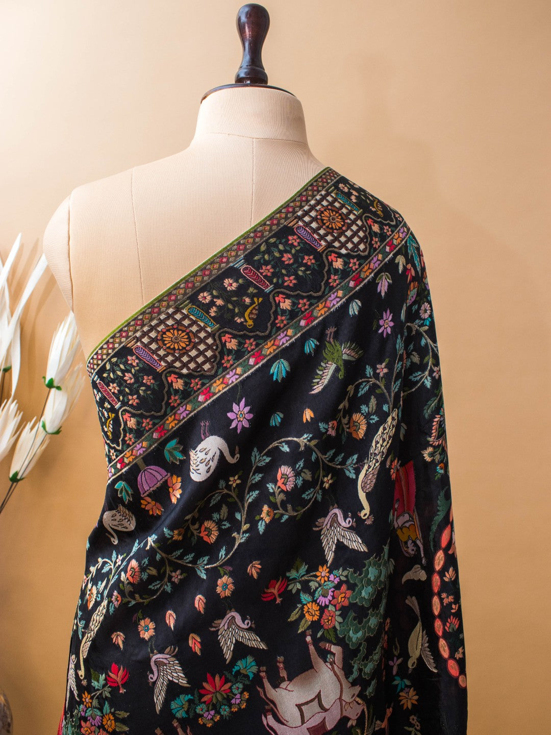 Meenakari Pichwai Weaving In Munga Silk - Black