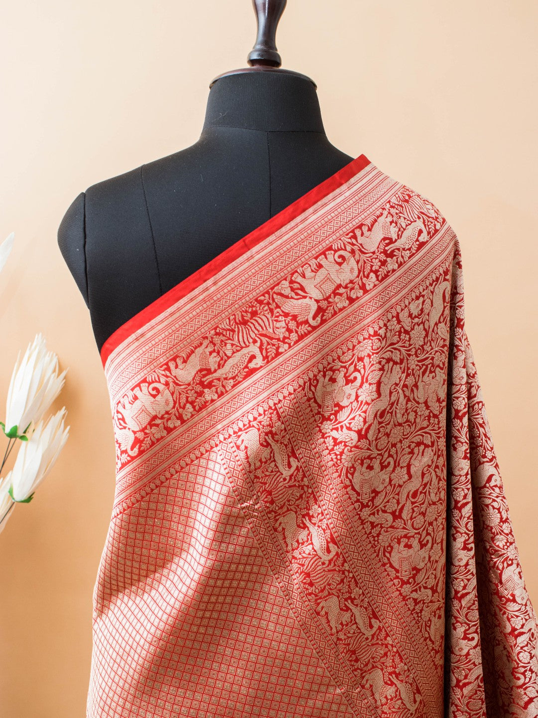 Shikargha Weaving In Pure Kataan Silk Hand Weaved -Red