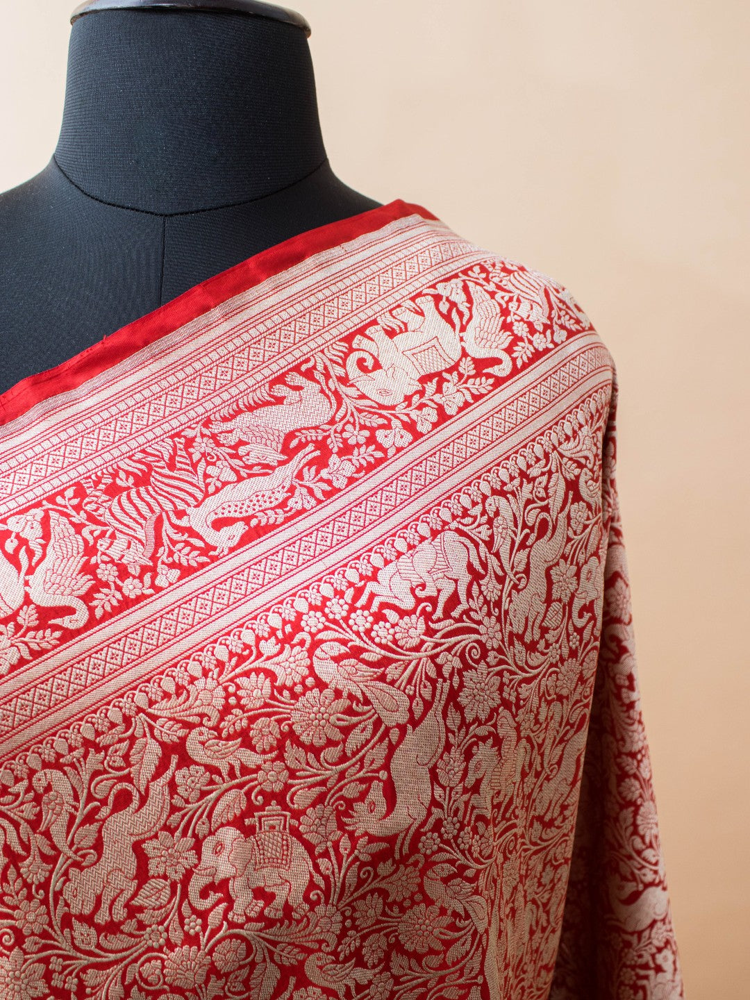 Shikargha Weaving In Pure Kataan Silk Hand Weaved -Red
