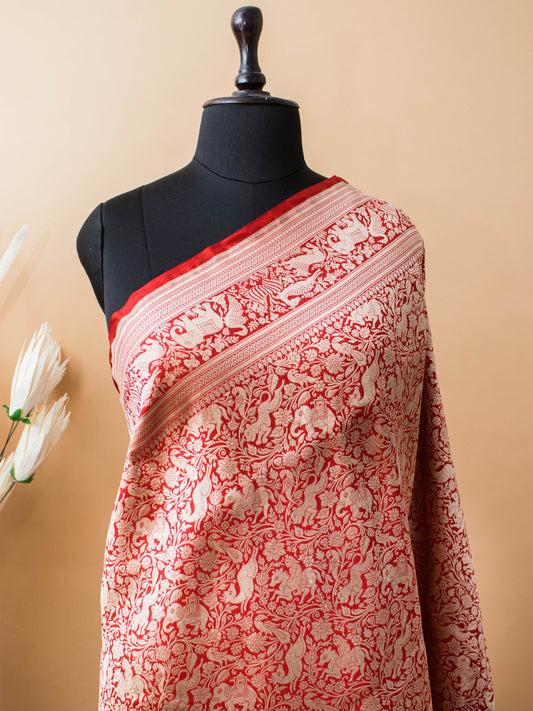 Shikargha Weaving In Pure Kataan Silk Hand Weaved -Red