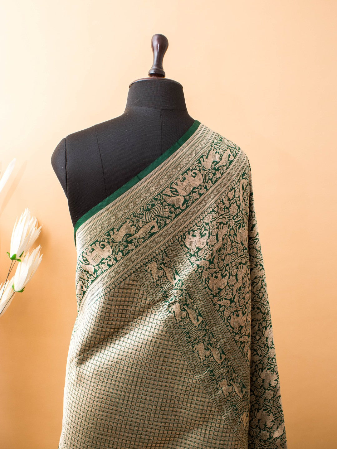Shikargha Weaving In Pure Kataan Silk Hand Weaved -green