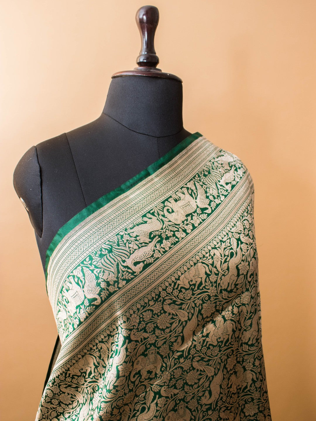 Shikargha Weaving In Pure Kataan Silk Hand Weaved -green